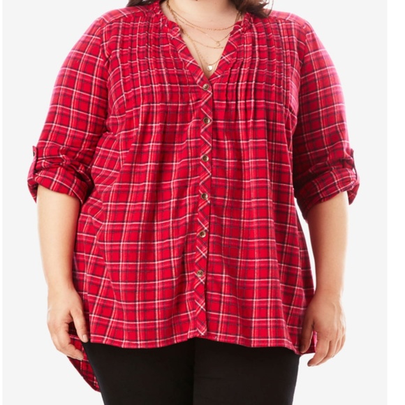 5x Plaid Flannel Pintuck Tunic Hi-Low Plus Size 32w red - Picture 1 of 8